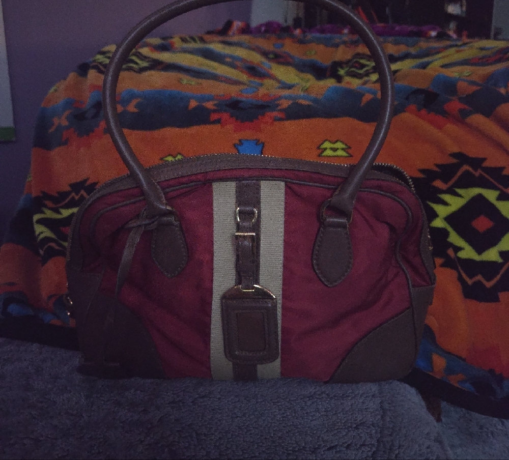 Prada Red and Brown Satchel with Beige Stripe - Picture 2 of 10